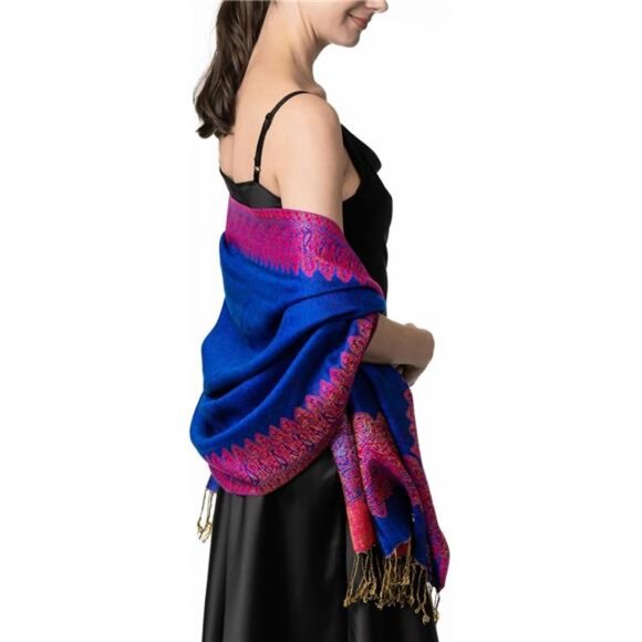 Elegant Reversible Paisley Shawl Wrap Scarf Blue Pink - Picture 5 of 6